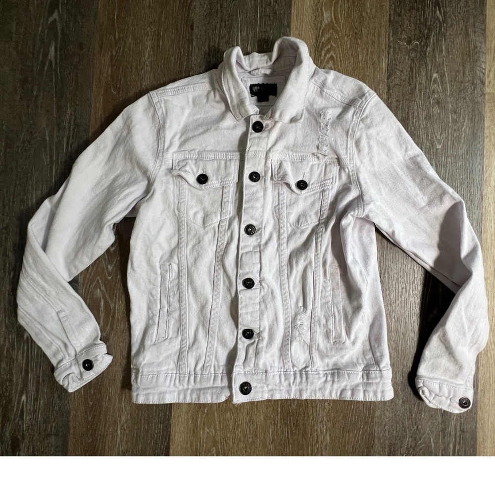 Waimea Denim Jacket Mens Small White Distressed Button Front Trucker Edgy Rugged